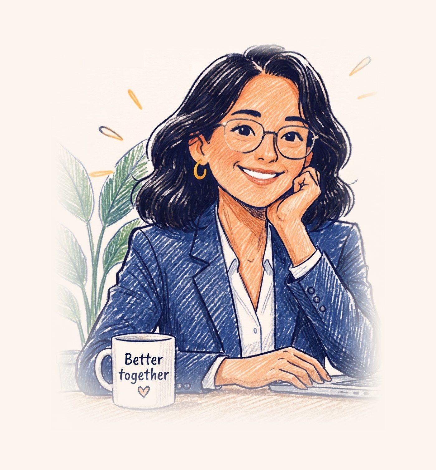 Drawing of Sybil, smiling at her desk with a coffee mug and a laptop.